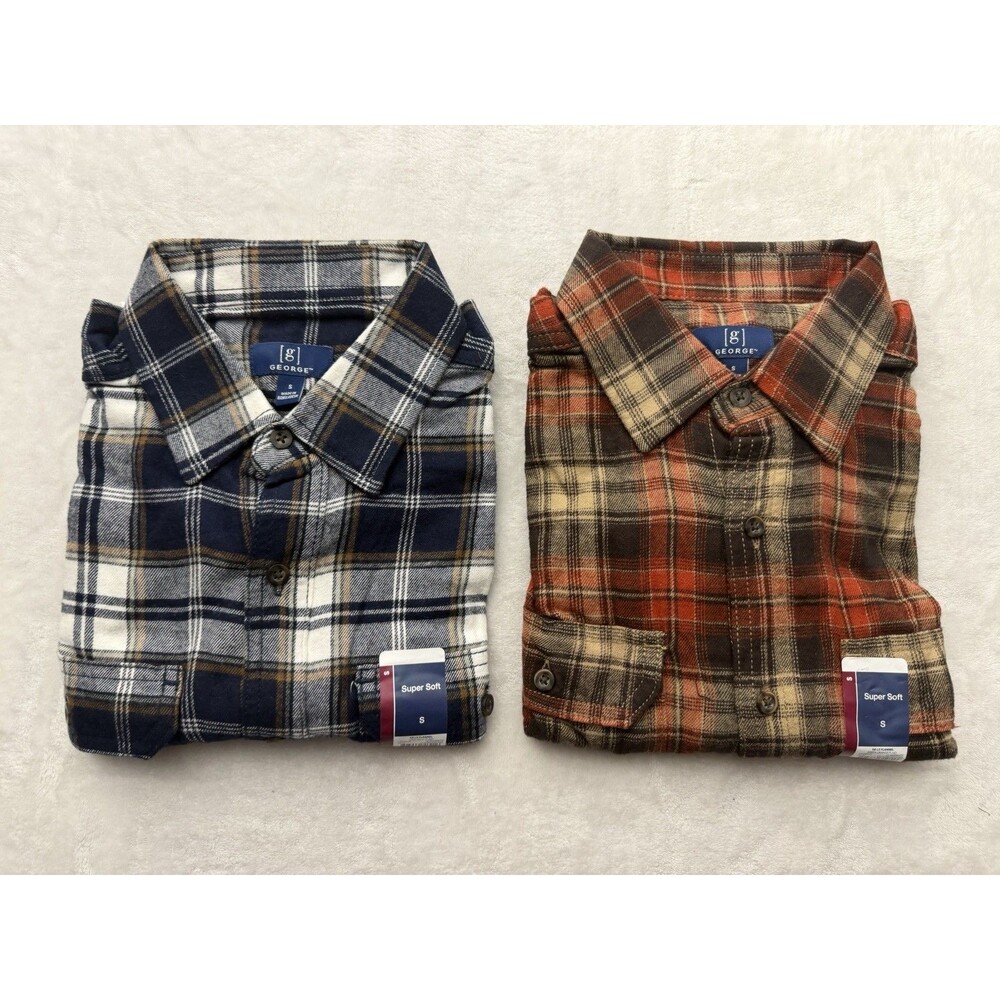George Mens Flannel Shirts Lot of 2 Size S Plaid Long Sleeve Button Front